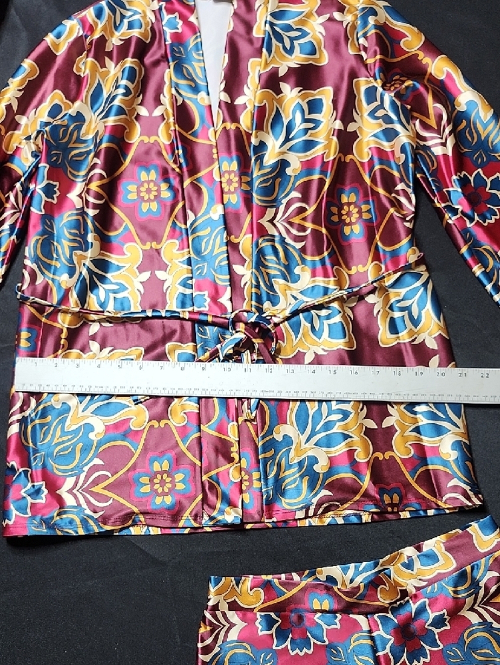 UpTown Women's Burgundy Floral Satin Short Set with Drawstring Waist - Picture 3 of 10